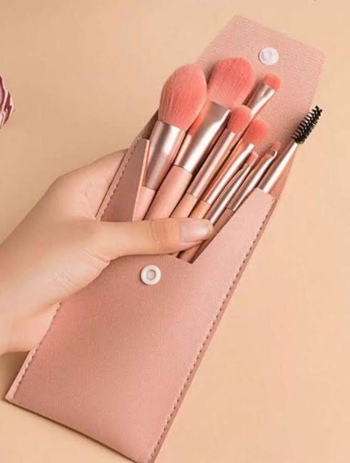 8 Piece Makeup Brush Set Pink Leather Pouch