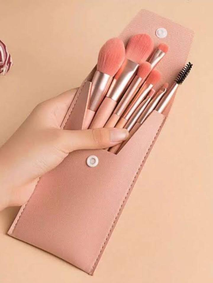 8 Piece Makeup Brush Set Pink Leather Pouch