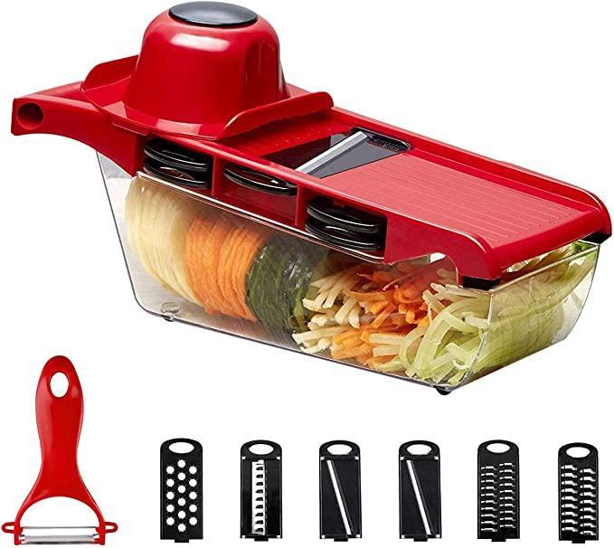 Red vegetables cutter with 10 cutting styles DataChable Container
