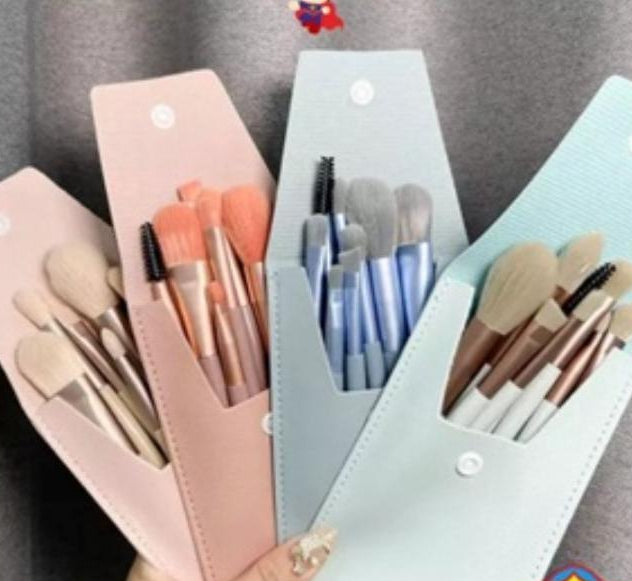 8 Piece Makeup Brush Set Pink Leather Pouch