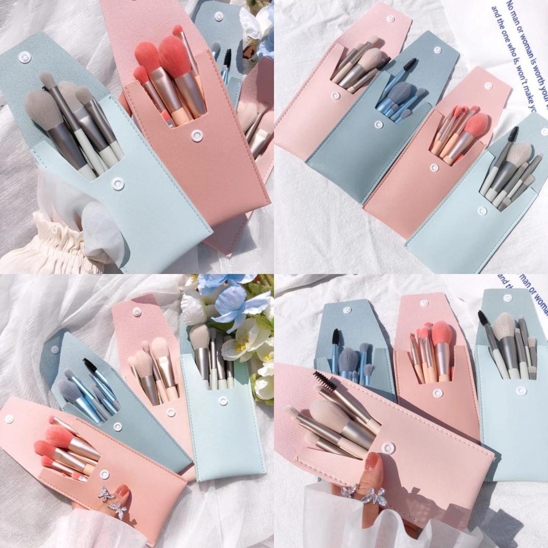 8 Piece Makeup Brush Set Pink Leather Pouch