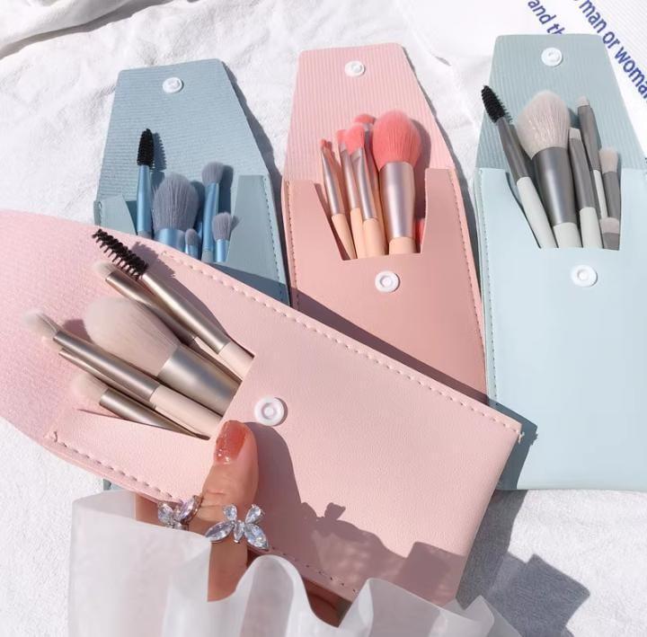 8 Piece Makeup Brush Set Pink Leather Pouch